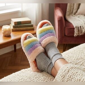 UGG AU Fluffy Pastel Fur Rainbow Slippers Slides Slip On Cozy Casual Warm Winter